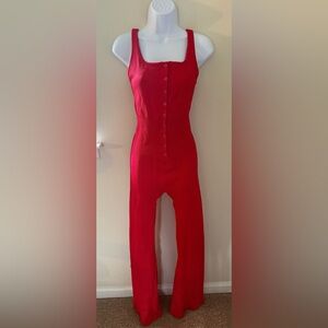Red Sleeveless Ribbed Snap Front Jumpsuit